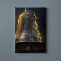 The Cracked Bell – the Liberty Bell in darkness with light along its crack, patriotic canvas wall art on a slate grey wall