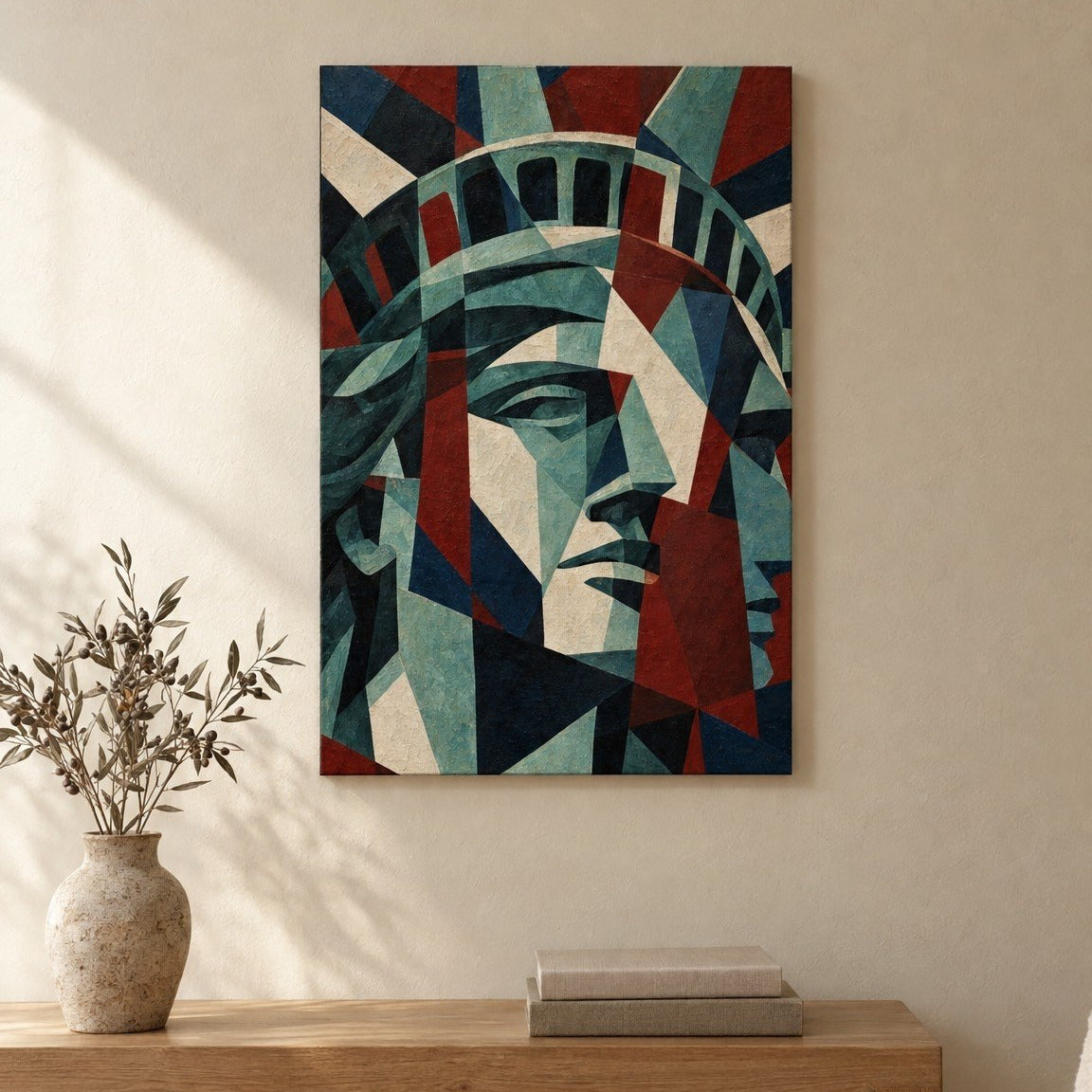 Liberty, Faceted canvas above a wooden console table