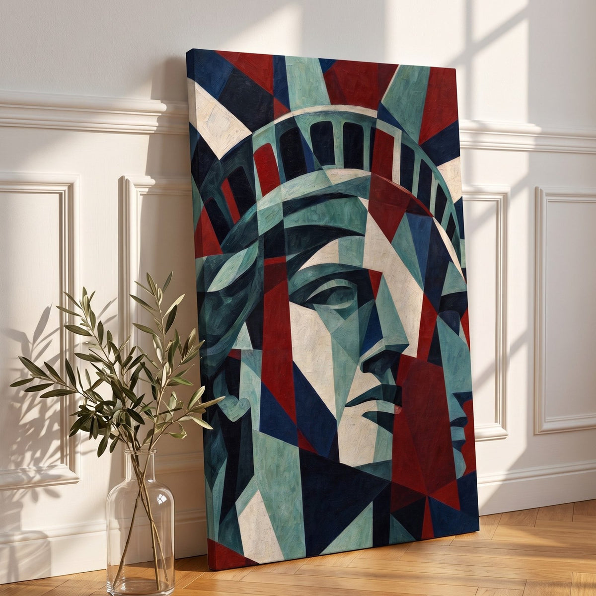 Liberty, Faceted canvas leaning against a white paneled wall