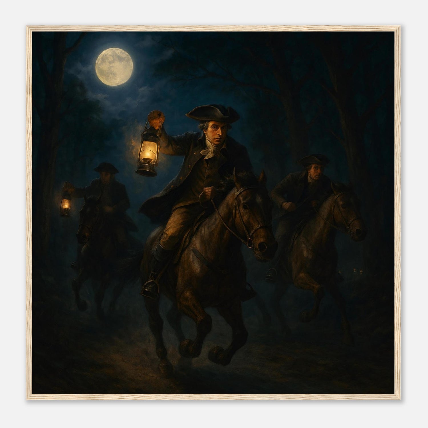 Framed print of a lone midnight rider sounding the alarm, ready to hang.