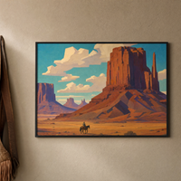 Monument Valley Rider framed print, matte black frame, shown on a warm stone wall — ready to hang.