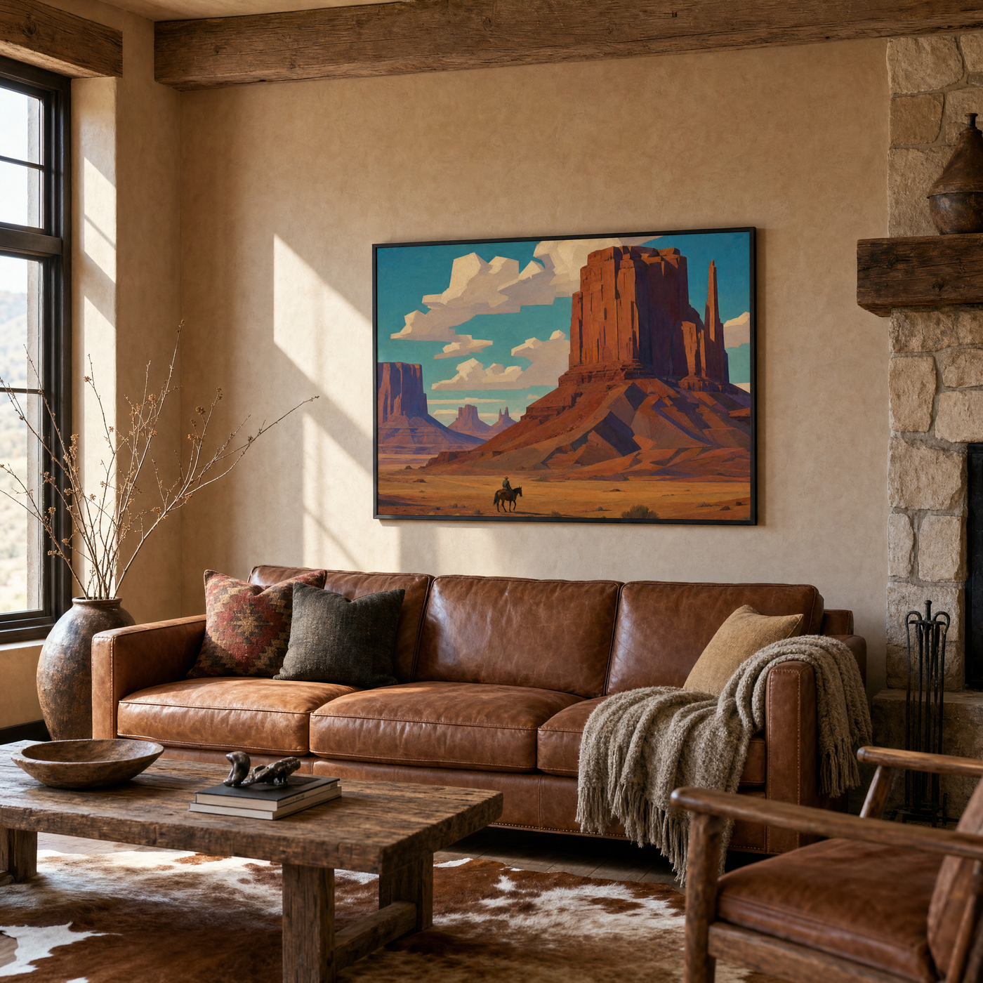 Monument Valley Rider framed print, matte black frame, 36×24″, shown above a leather sofa in a ranch living room.