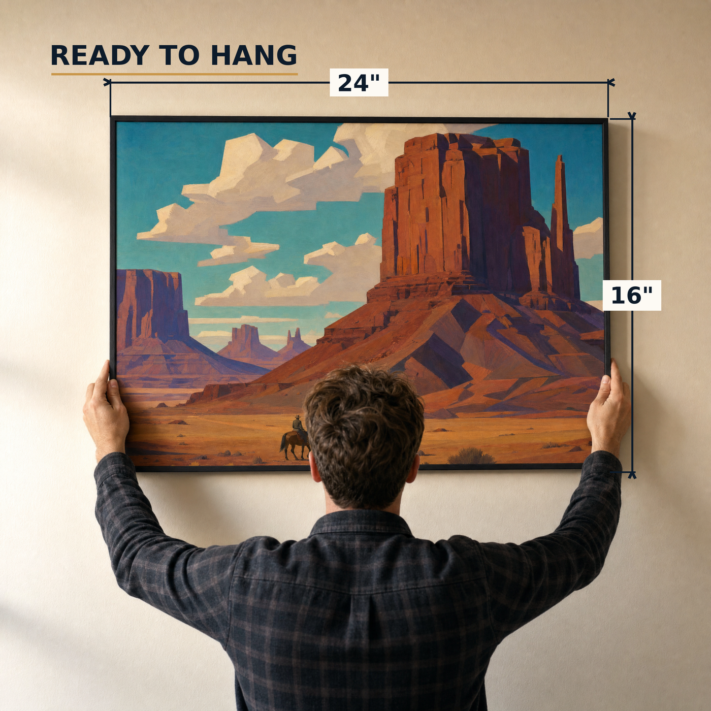 Monument Valley Rider framed print, matte black frame, 24×16″, held to the wall — ready to hang out of the box.
