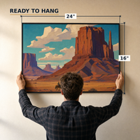 Monument Valley Rider framed print, matte black frame, 24×16″, held to the wall — ready to hang out of the box.