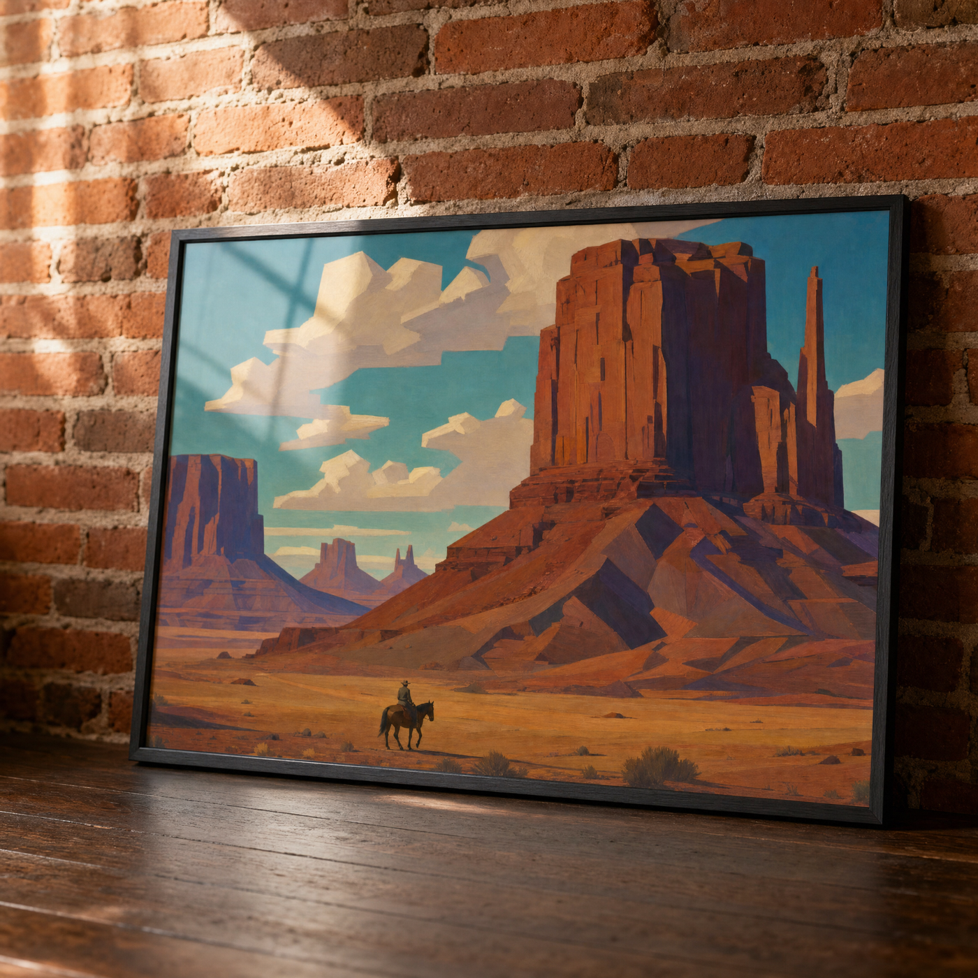 Monument Valley Rider framed print, matte black frame, leaning against an exposed brick wall.