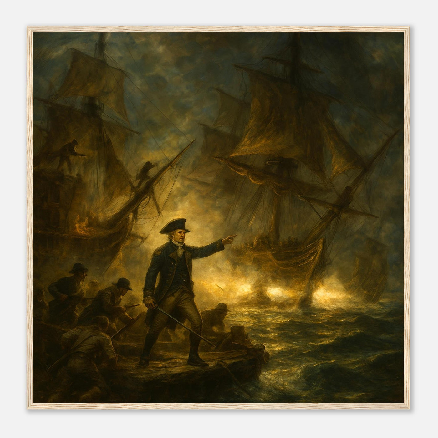 Framed print of the naval battle of the Bonhomme Richard, ready to hang.