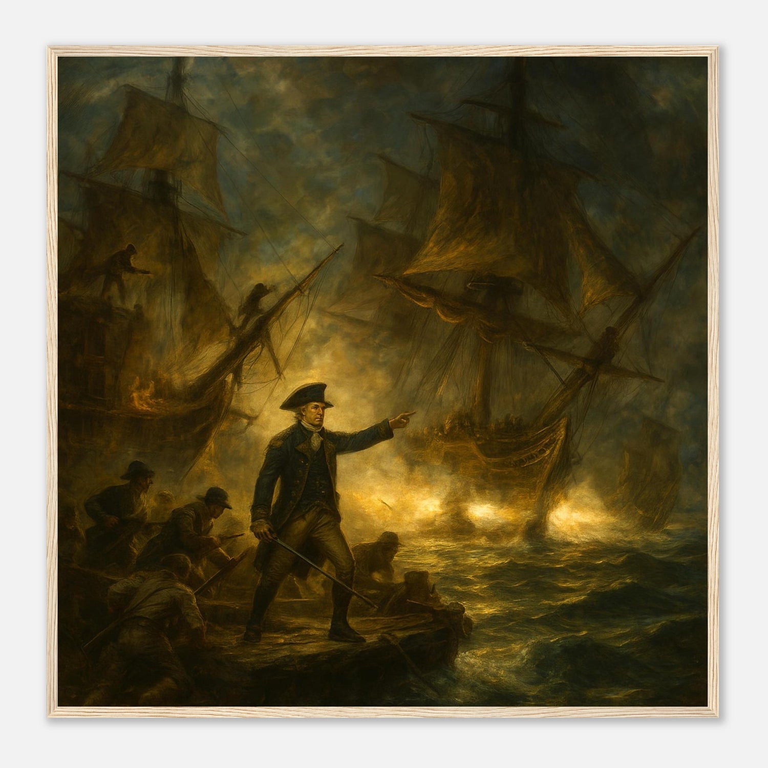 Framed print of the naval battle of the Bonhomme Richard, ready to hang.