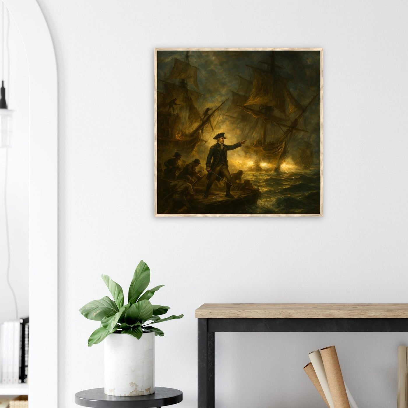 Framed print of the naval battle of the Bonhomme Richard, ready to hang.