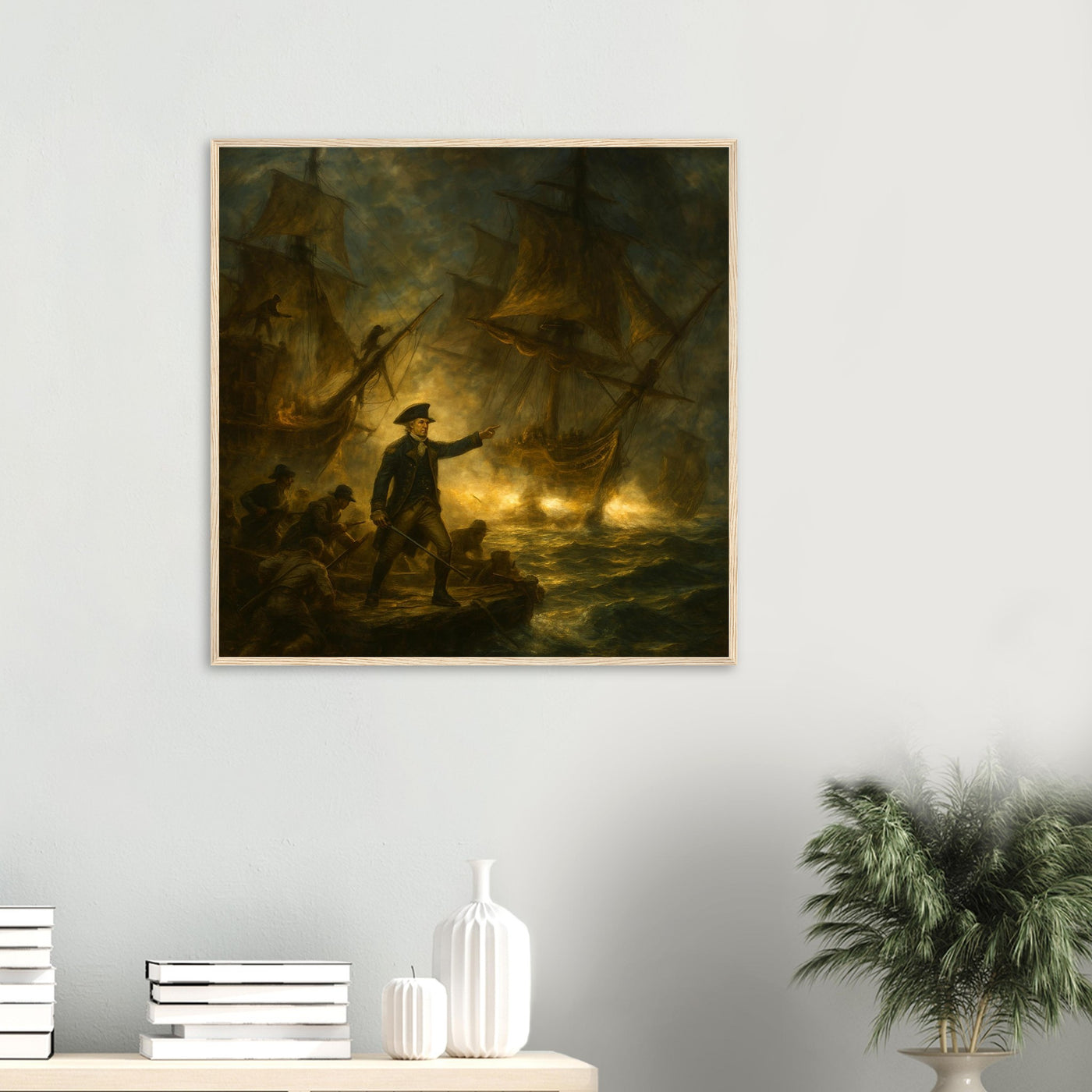 Framed print of the naval battle of the Bonhomme Richard, ready to hang.