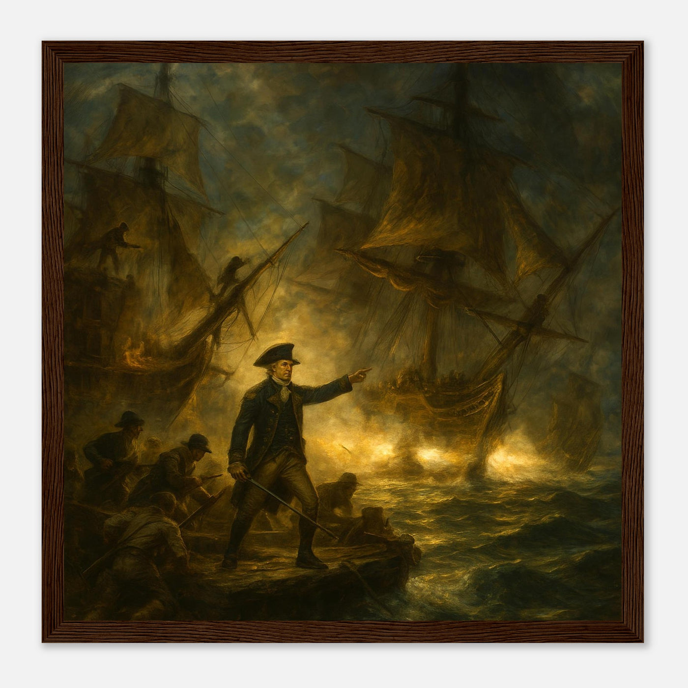 Framed print of the naval battle of the Bonhomme Richard, ready to hang.