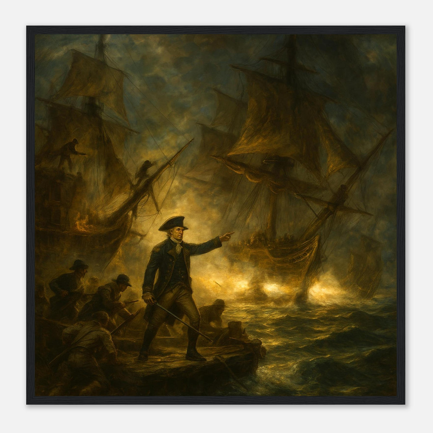 Framed print of the naval battle of the Bonhomme Richard, ready to hang.
