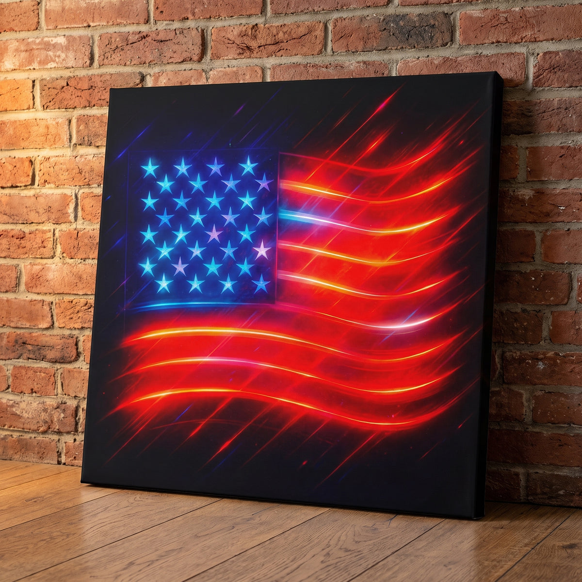 Stars & Striped Neon – neon American flag glowing red, white and blue on black, patriotic canvas wall art leaning against a red brick wall