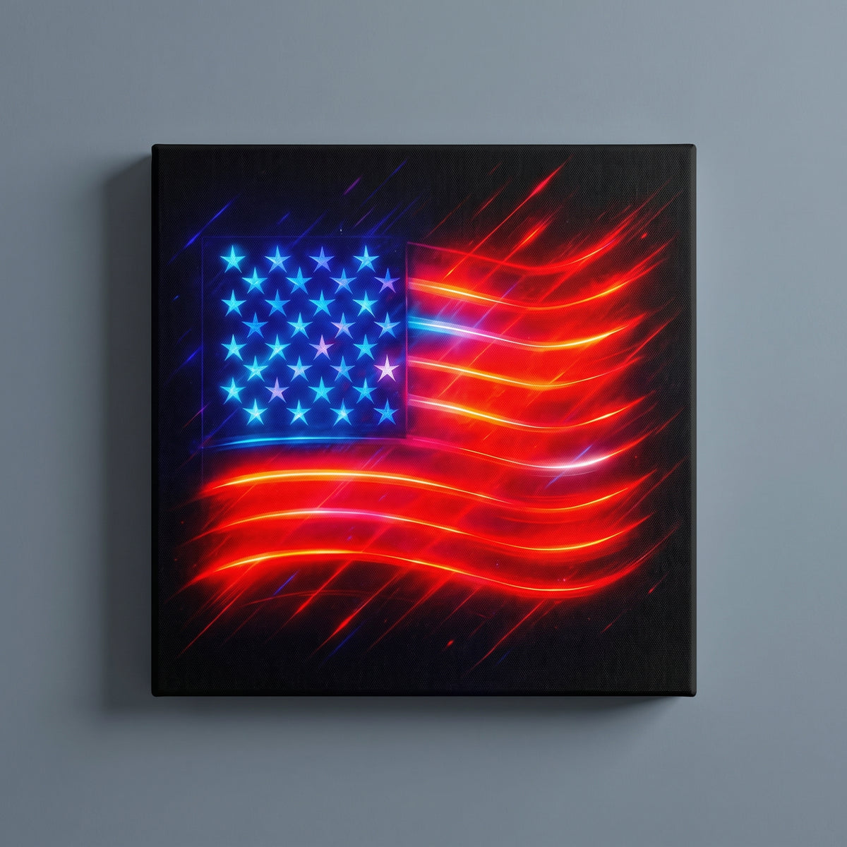 Stars & Striped Neon – neon American flag glowing red, white and blue on black, patriotic canvas wall art on a slate grey wall