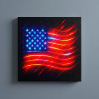 Stars & Striped Neon – neon American flag glowing red, white and blue on black, patriotic canvas wall art on a slate grey wall