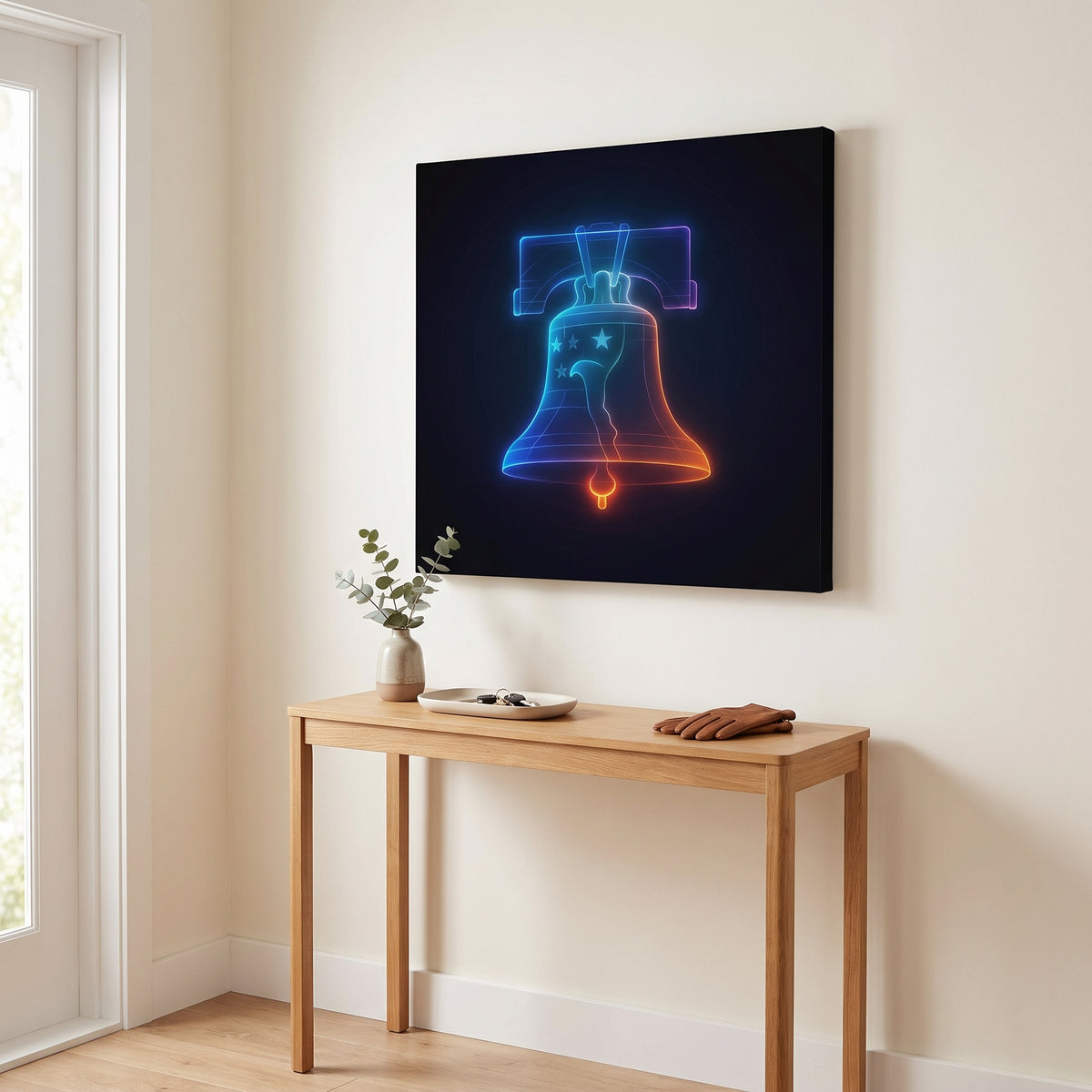 Liberty Bell – neon Liberty Bell glowing red, white and blue on black, patriotic canvas wall art above an oak console in an entryway