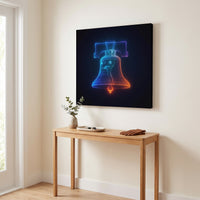 Liberty Bell – neon Liberty Bell glowing red, white and blue on black, patriotic canvas wall art above an oak console in an entryway