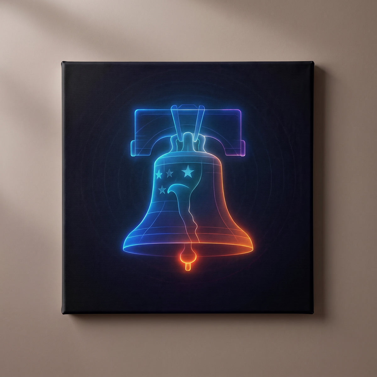 Liberty Bell – neon Liberty Bell glowing red, white and blue on black, patriotic canvas wall art on a taupe wall