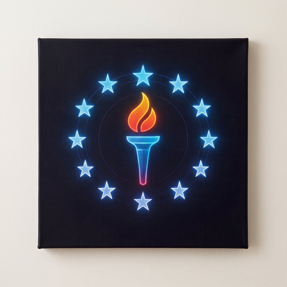 Torch of Liberty – neon torch inside a ring of blue stars on black, patriotic canvas wall art on a linen white wall