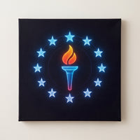 Torch of Liberty – neon torch inside a ring of blue stars on black, patriotic canvas wall art on a linen white wall