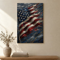 Old Glory canvas above a wooden console table
