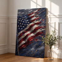 Old Glory canvas leaning against a white paneled wall