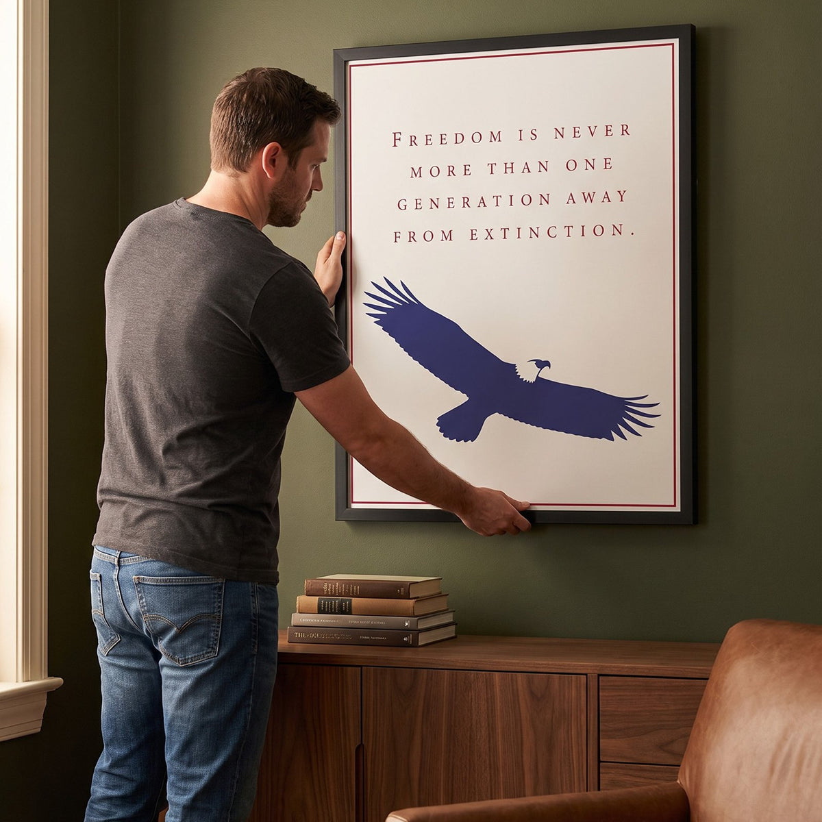 Man hanging the One Generation Away framed print on the wall