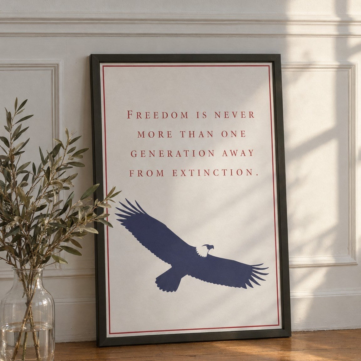 One Generation Away framed print leaning against a white paneled wall