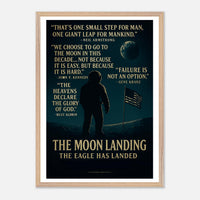 Wooden framed poster of The Apollo 11 moon landing, ready to hang.