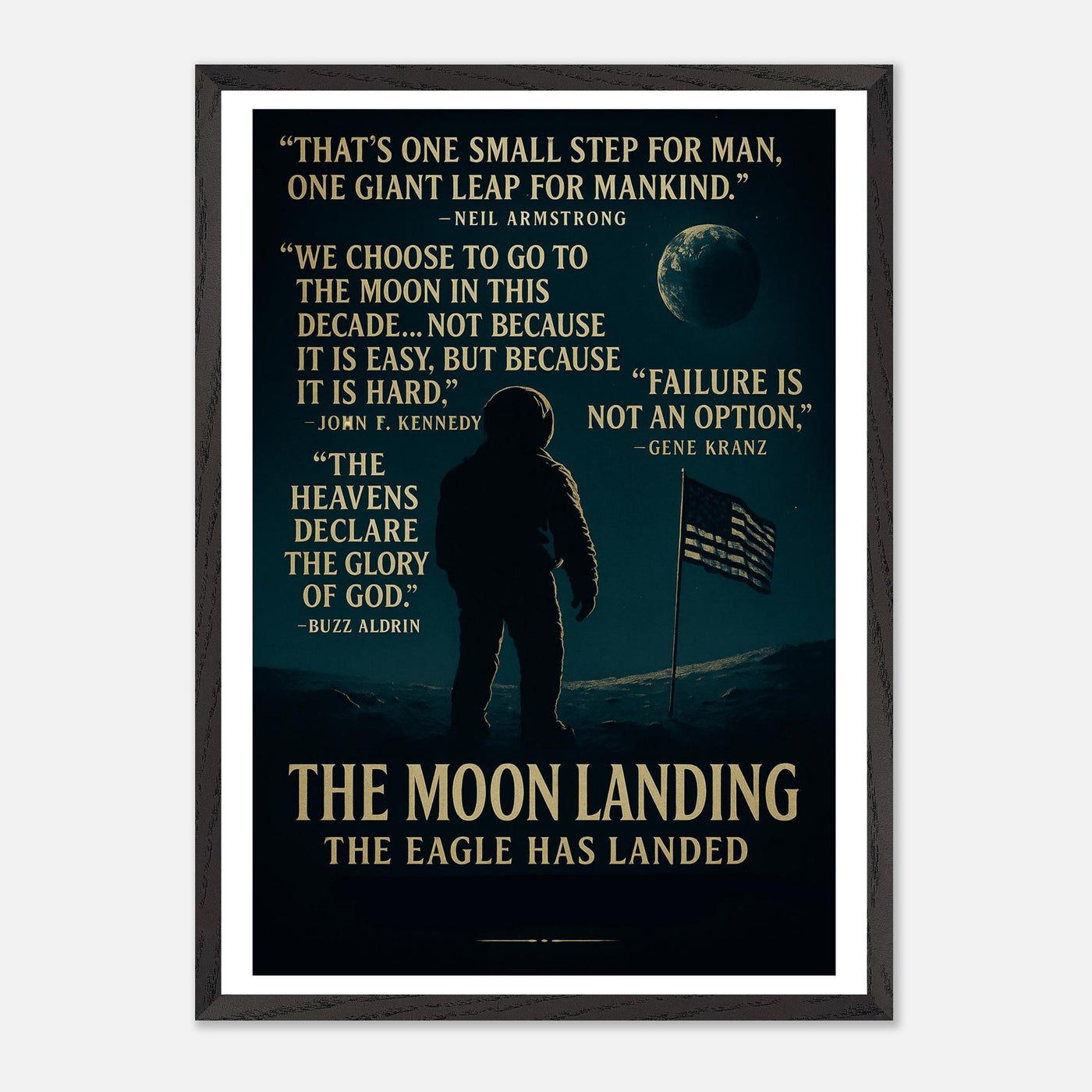 Wooden framed poster of The Apollo 11 moon landing, ready to hang.