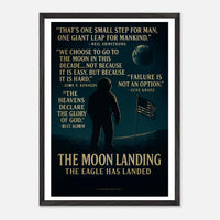 Wooden framed poster of The Apollo 11 moon landing, ready to hang.