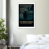 Wooden framed poster of The Apollo 11 moon landing, ready to hang.
