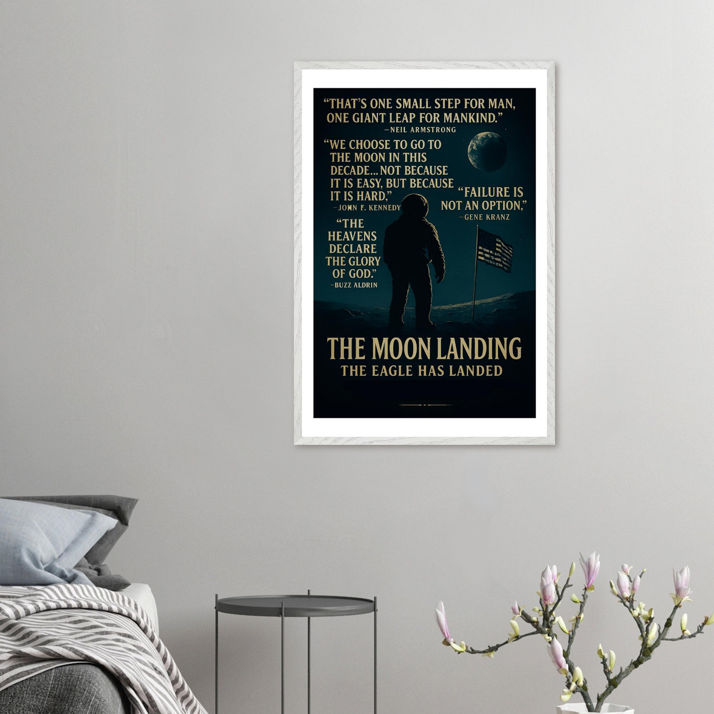 Wooden framed poster of The Apollo 11 moon landing, ready to hang.