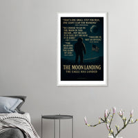 Wooden framed poster of The Apollo 11 moon landing, ready to hang.