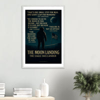 Wooden framed poster of The Apollo 11 moon landing, ready to hang.
