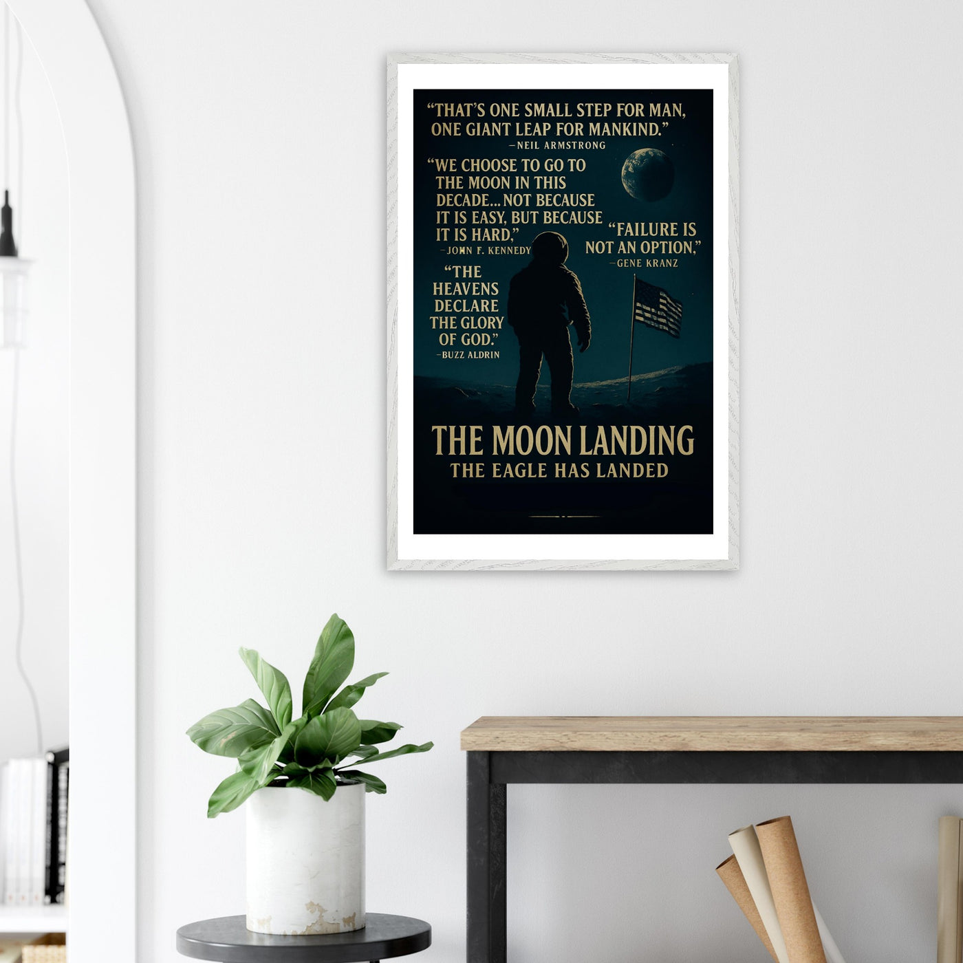 Wooden framed poster of The Apollo 11 moon landing, ready to hang.