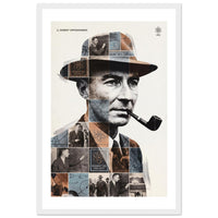 Wooden framed poster of J. Robert Oppenheimer, ready to hang.