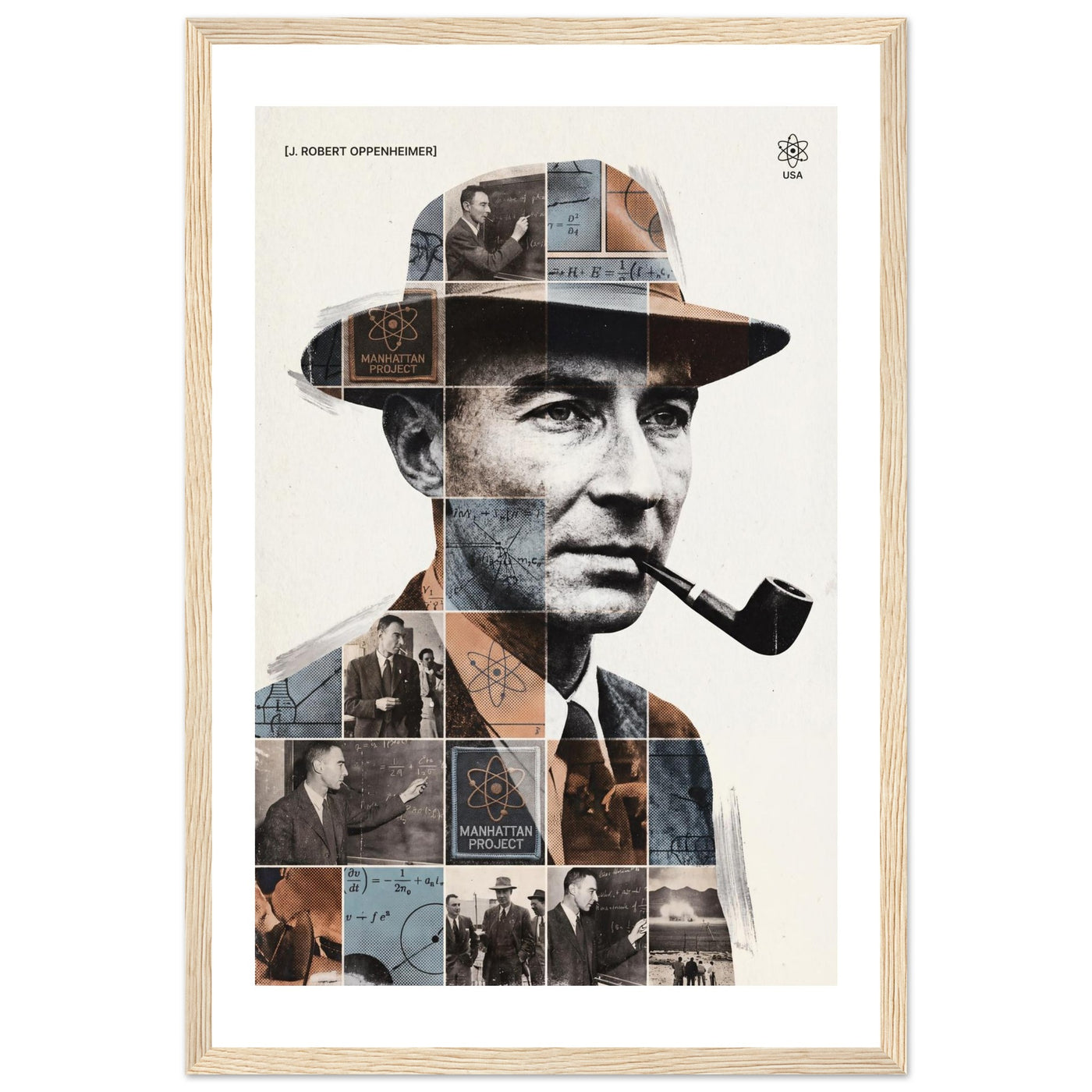 Wooden framed poster of J. Robert Oppenheimer, ready to hang.