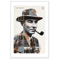 Wooden framed poster of J. Robert Oppenheimer, ready to hang.