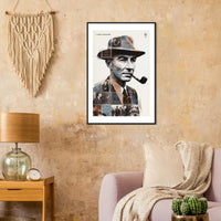 Wooden framed poster of J. Robert Oppenheimer, ready to hang.