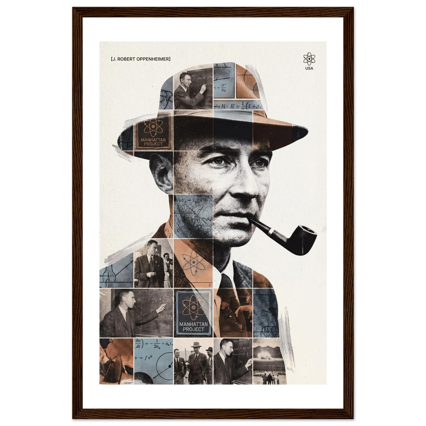 Wooden framed poster of J. Robert Oppenheimer, ready to hang.