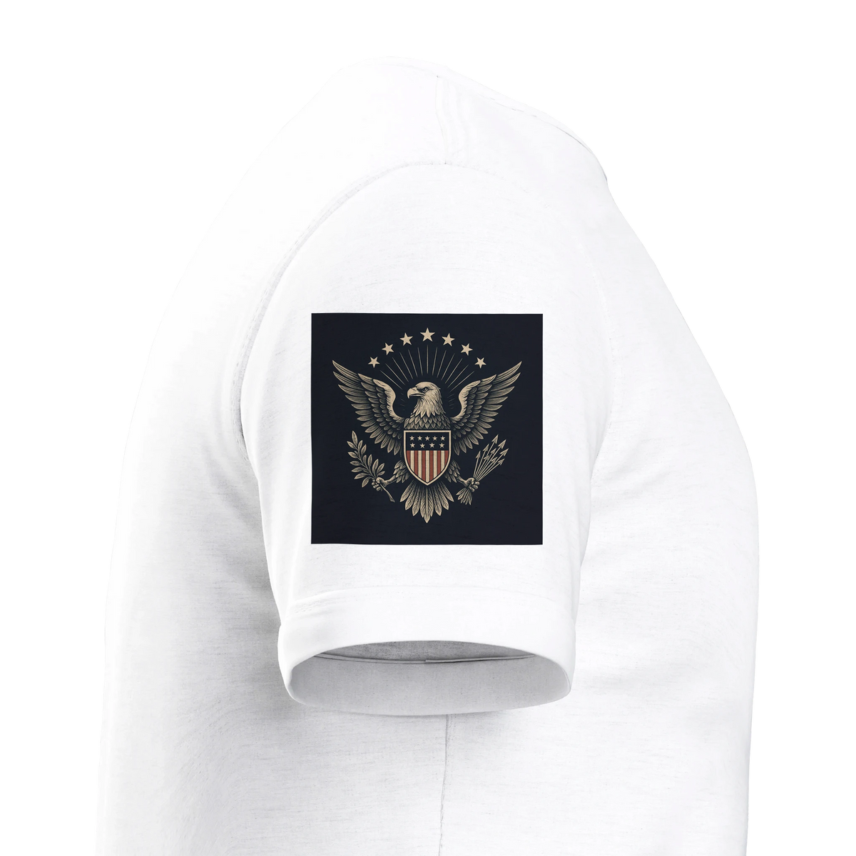 Patriots T-Shirt - Stand Proud — T-shirt of a white t-shirt with a saluting soldier and flag graphic reading Stand Proud America Strong