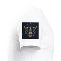 Patriots T-Shirt - Stand Proud — T-shirt of a white t-shirt with a saluting soldier and flag graphic reading Stand Proud America Strong