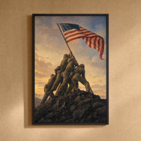 Raising the Flag on Iwo Jima framed print in a slim matte black frame, shown on a warm sandstone wall — ready to hang.