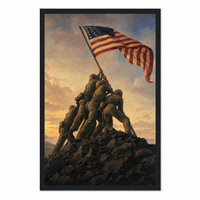 Raising the Flag on Iwo Jima framed print, clean studio product view on matte museum fine-art paper in a black frame.