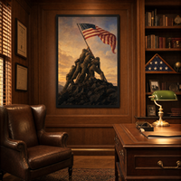 Raising the Flag on Iwo Jima framed print, 24x36 inch, shown in a traditional wood-paneled study with a folded-flag display case.