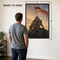 Raising the Flag on Iwo Jima framed print, 16x24 inch, shown beside a man for scale — ready to hang out of the box.