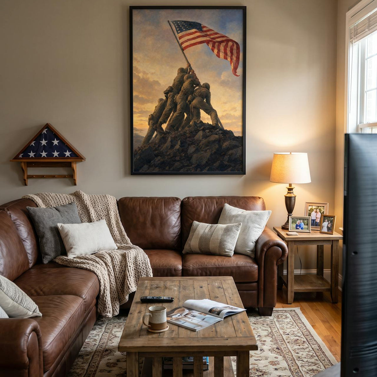 Raising the Flag on Iwo Jima framed print in a family living room