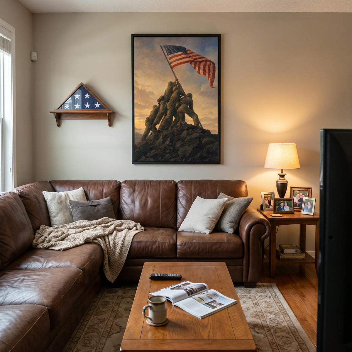 Raising the Flag on Iwo Jima framed print in a family living room