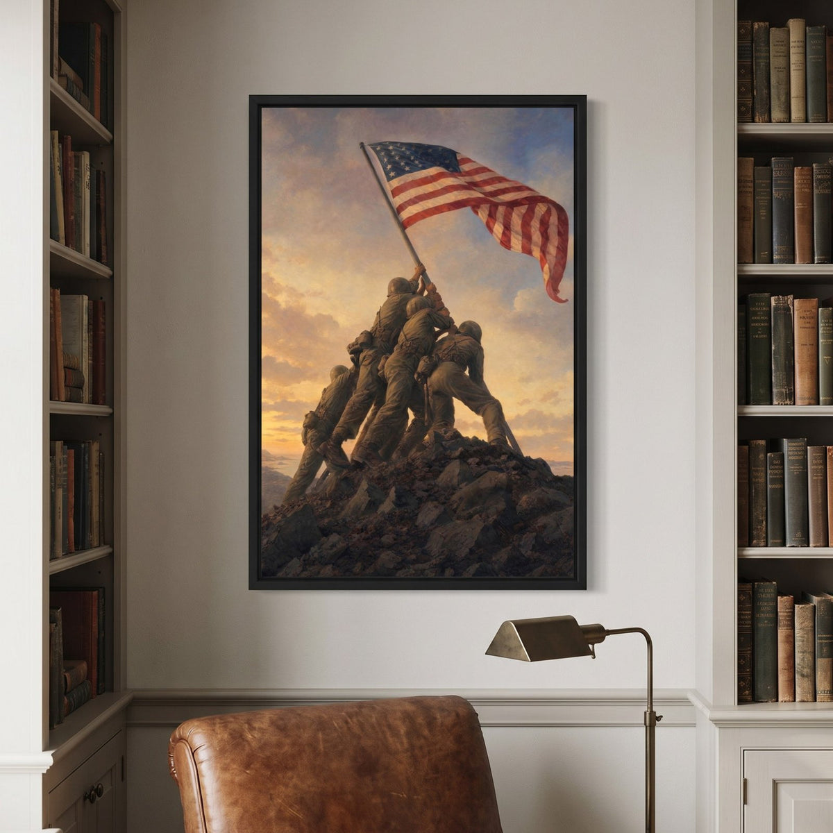 Raising the Flag on Iwo Jima framed print on a library wall between bookshelves