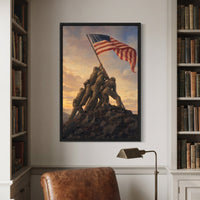 Raising the Flag on Iwo Jima framed print on a library wall between bookshelves